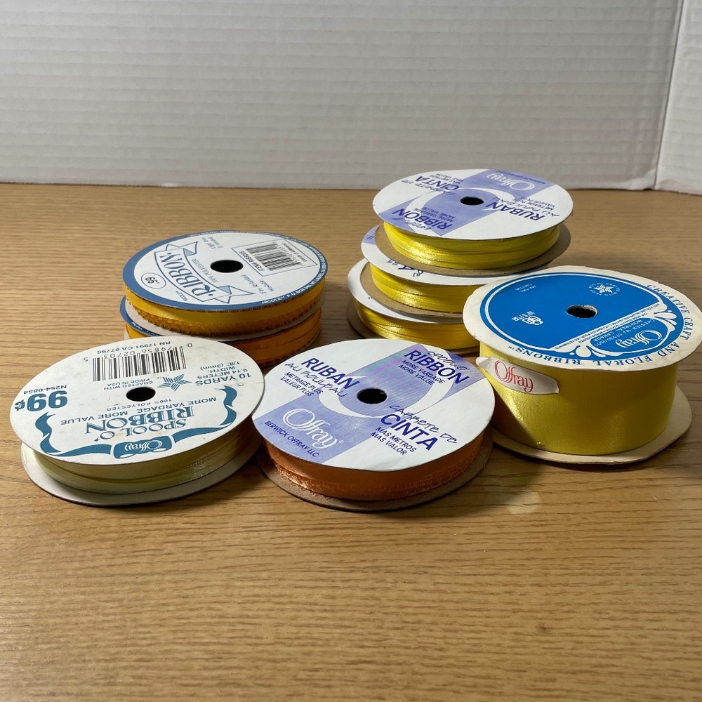 Vtg Lot 8 Offray Spools Of Ribbon Shades of Yellow Orange Various Lengths Width